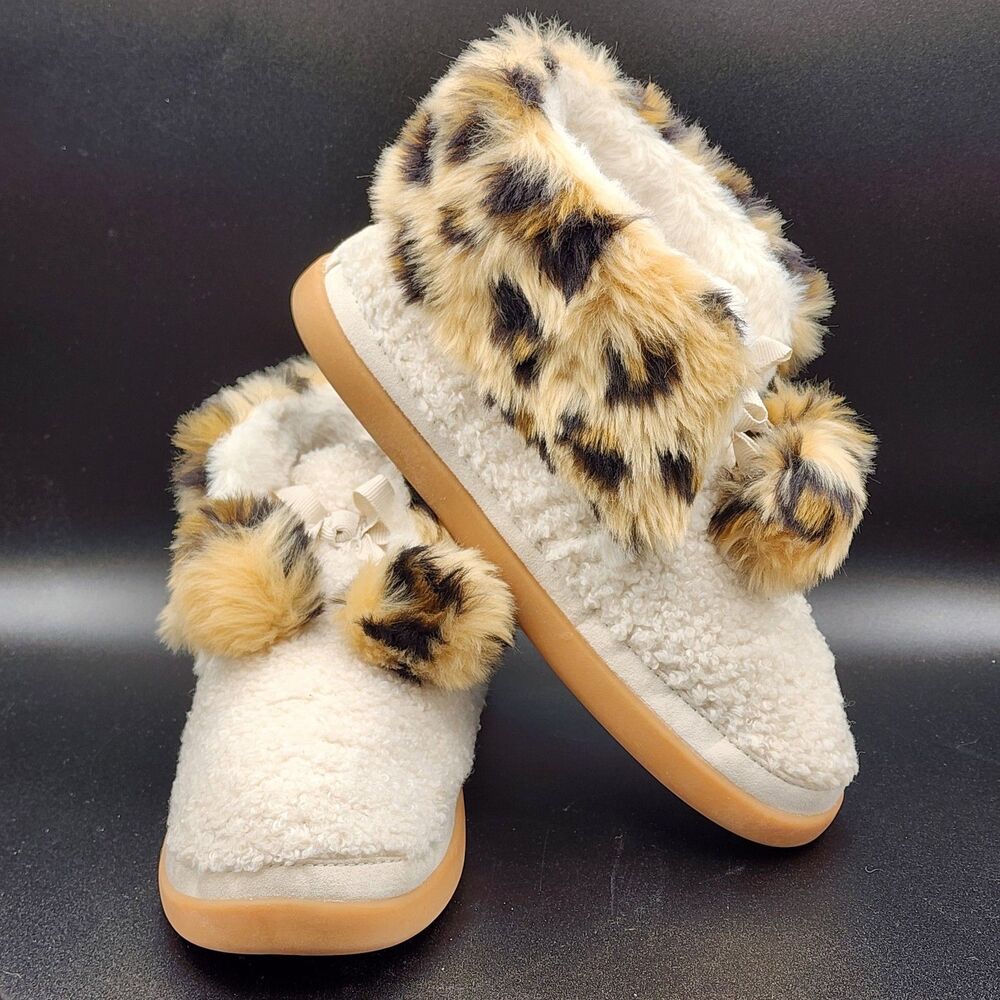 Tom's Women's Fluffy Sheep Leapord Fur Trim Pom Pom Slipper Booties Size 6.5